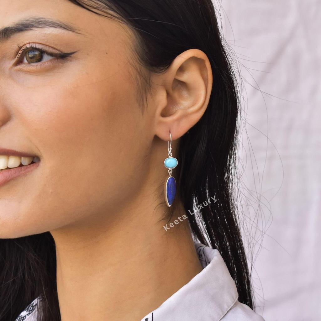 Natural Turquoise And Lapis Lazuli Dangle Earrings Sterling Silver Handmade Cocktail Earrings Two Stone  Jewelry, Gift for Her
