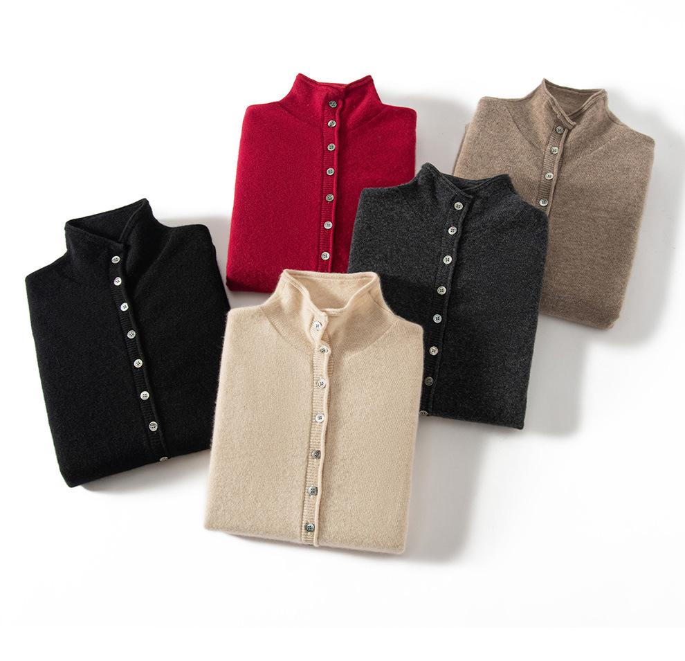 Design-Conscious Pure Cashmere Twelve-Stitch Roll-Edge Turtleneck Cardigan - Autumn/Winter Solid Color Loose Fit