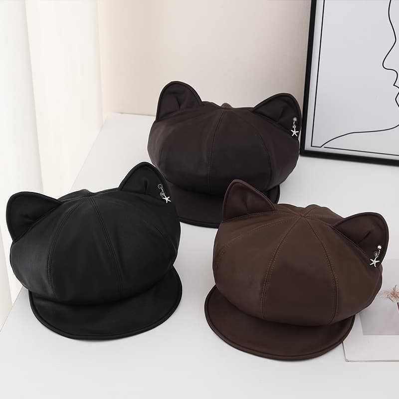 Autumn and Winter Retro Cute Hat Women's Sweet and Cool Versatile Cat Ears Octagonal Hat Plain Face Newsboy Hat