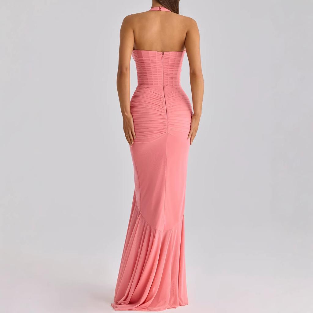 Spring 2026 European and American Cross-border New Neck Pleated Irregular Ruffle Edge Slim Dress Mesh Dress