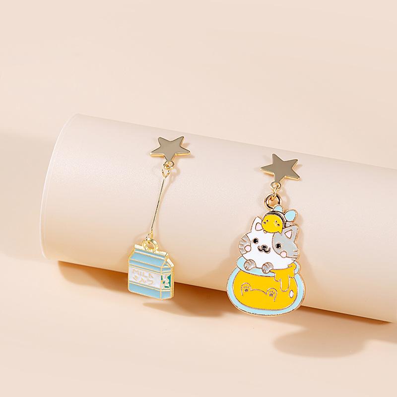 Asymmetrical Cartoon Balloon Bear Earrings, Cute Rainbow Rabbit Cat Cake Daisy Angel Stud Earrings