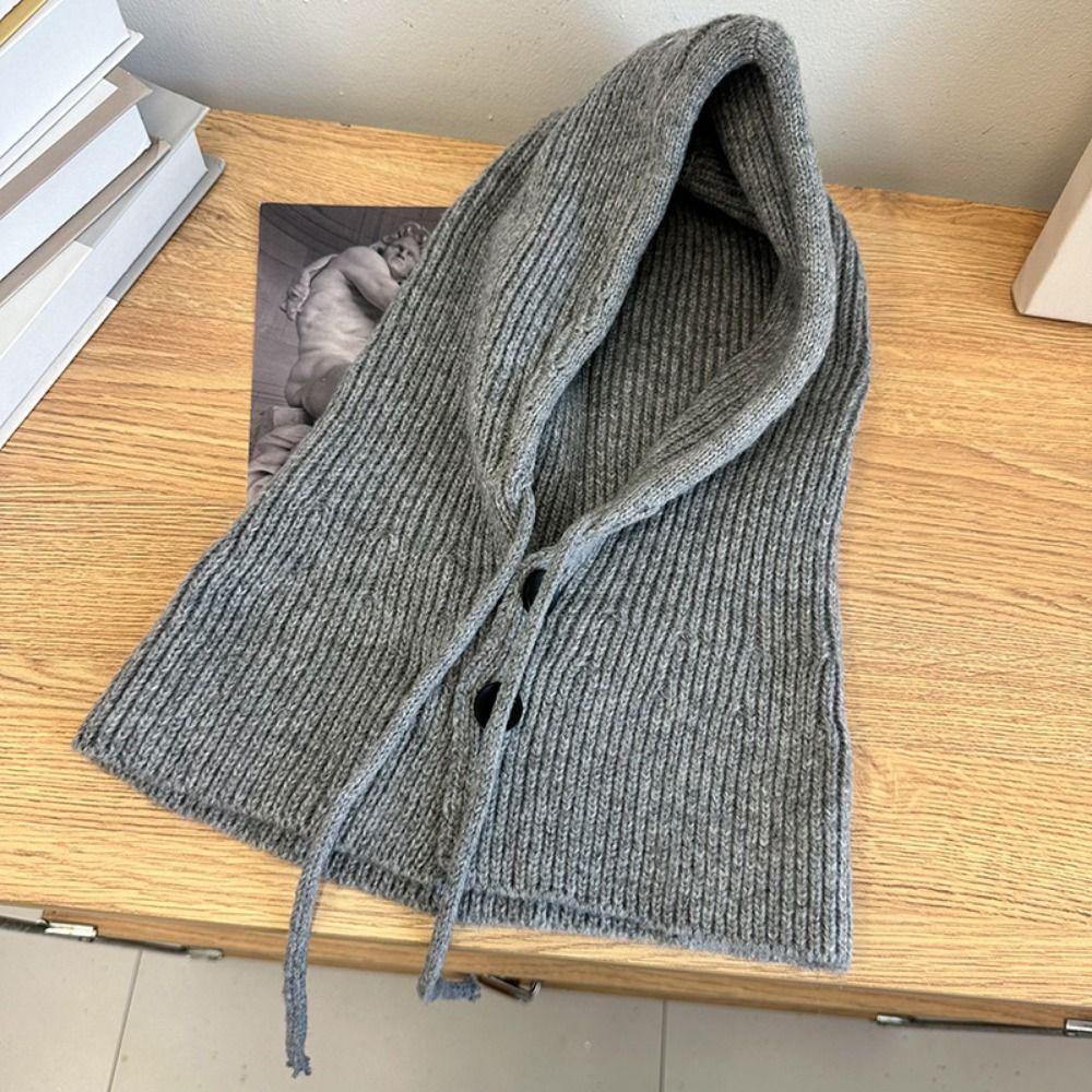 Drawstring Knitted Beanie Cap Thicken Snood Collar Hood Soft Scarf Balaclava Hats  Outdoor