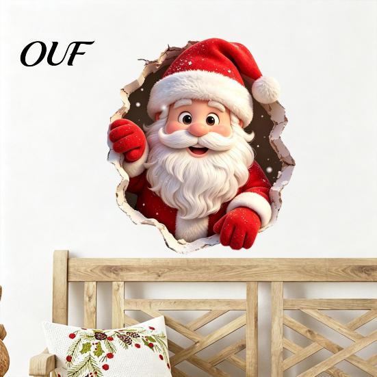 Peel And Stick Christmas Decor 3D Santa Claus Wall Stickers, Self Adhesive PVC Decals with Realistic Breaking Festive Murals for Bedroom Effect,