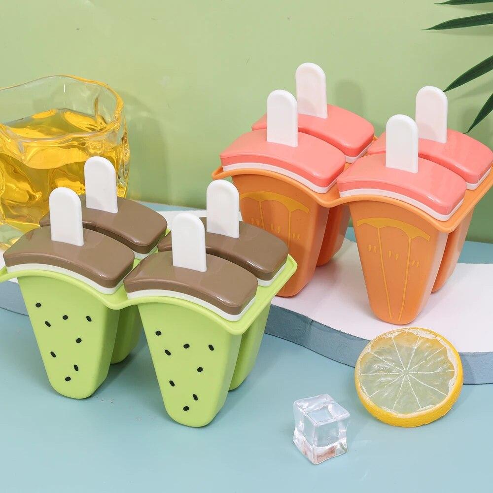1pc 4Grids DIY Ice Cream Mold with Cover Fruit Shape Homemade Ice Popsicle Mould Frozen Juice Milk Cute Kitchen Ice Cream Make Tools