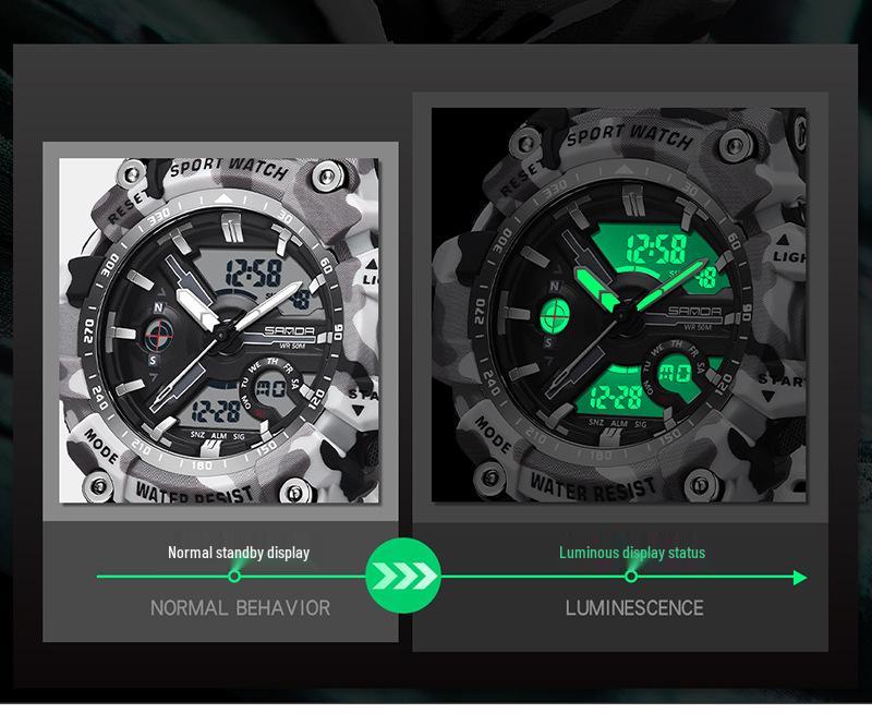 Sanda Men's Multifunctional Camouflage Outdoor Sports Watch – Waterproof with Dual Display and Alarm Clock.