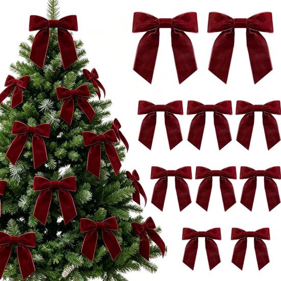 Easy Fix Bows with Cable Ties 10Pcs Velvet Christmas Bows, 11x12.5cm Large Ribbon Ornament Built-in Tie Decorative for Tree Xmas And Wreath Gift Box,