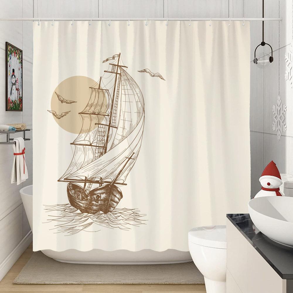 Vintage Nautical Sailing Ship Shower Curtain - Sepia-Toned Three-Mast Design, Billowing Sails, Polyester, 70.8x70.8 Inches