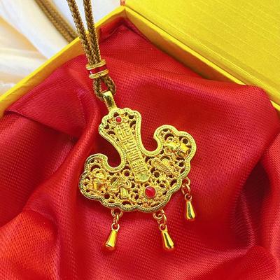 Golden Ruyi Lock Pendant: Chinese National Trend Style, Sand Gold Finish Necklace.