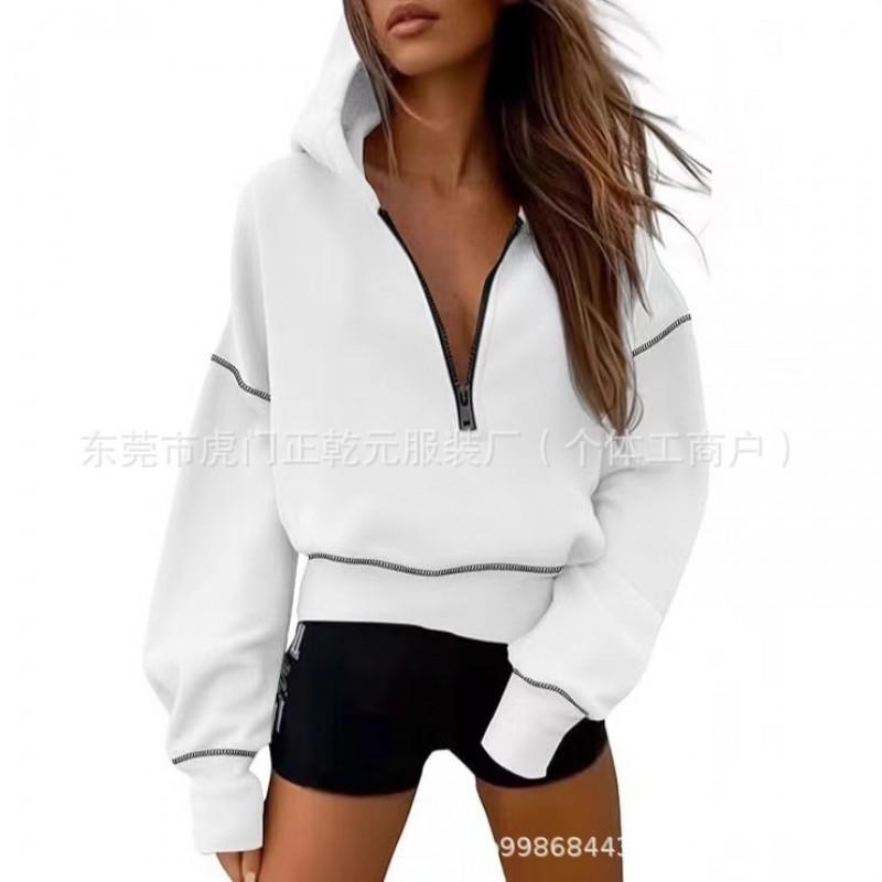 Womens Loose Fit Hooded Sweatshirt Casual Zip Up Solid Color Pullover