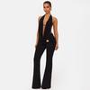 D25ST556 Halter Neck Open Back Top & Flare Pants Two-piece Set with Metal Buckle