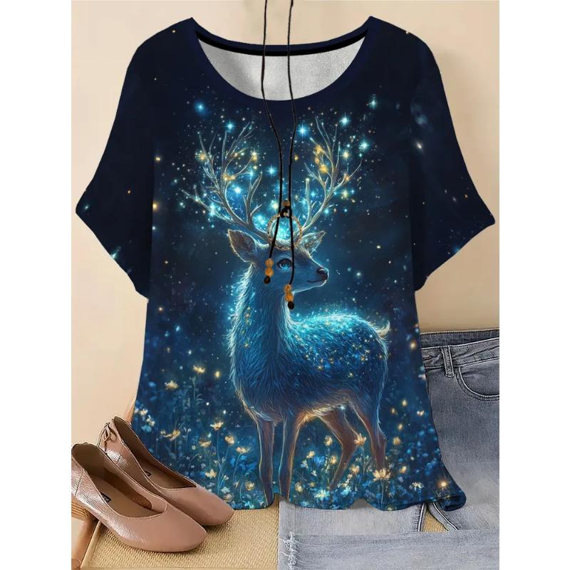 Moda Donna Girocollo Manica Corta Stampa Colore 3D Casual T-shirt Casual a Manica Corta Girocollo