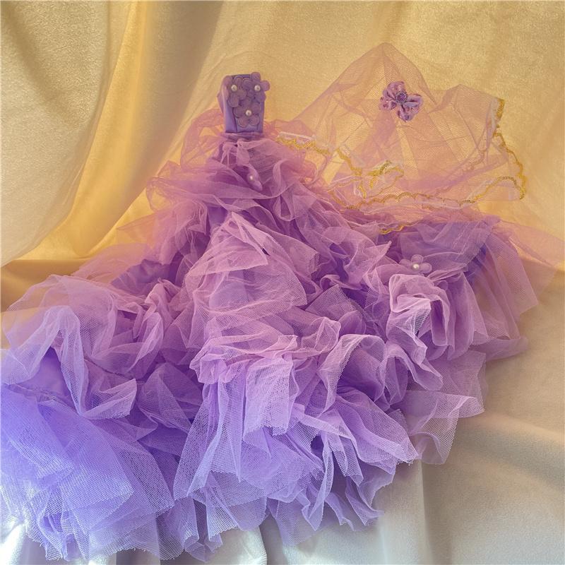 Princess Elegant Drag Tail Wedding Dress +Veil + Bow Hair Clip for 30cm Doll Clothes Kid DIY Toy Girls Gift Accessories
