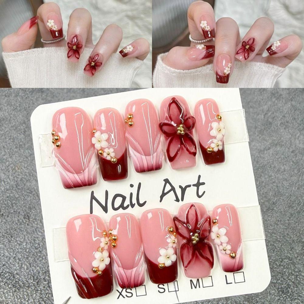 10Pcs Pink Flower Designs False Nails Sweet Extended Nail Extensions Fake Nail Tips  Nail Tool