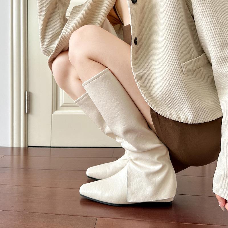 Off-white Square Head Inner Height-increasing Trouser Tube Boots for Women, New Autumn and Winter Boots, Oily Skin and Thin Versatile Boots for Women