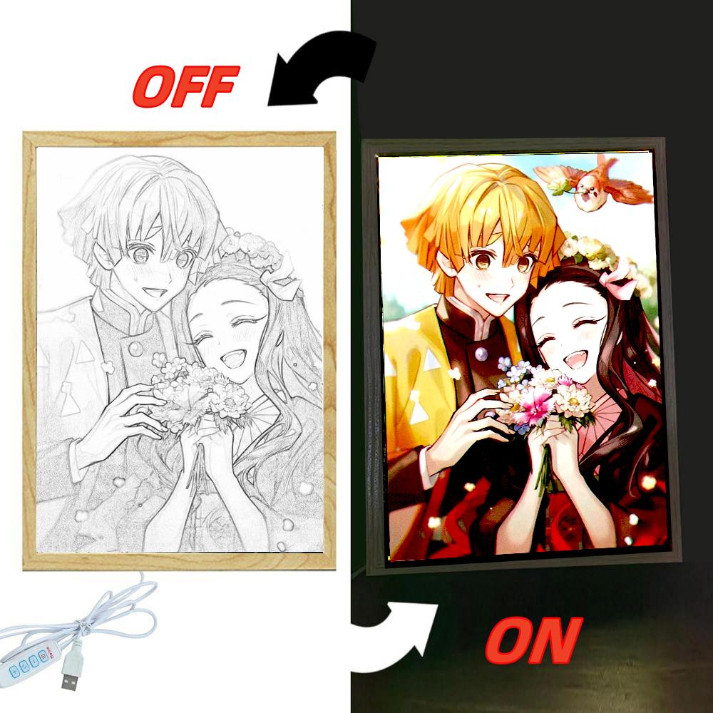 Anime Demon Slayer Action Figures Light Painting Photo Frame Tanjirou Nezuko Led Night Figurine Kimetsu No Yaiba Gifts Poseable Articulated Scale