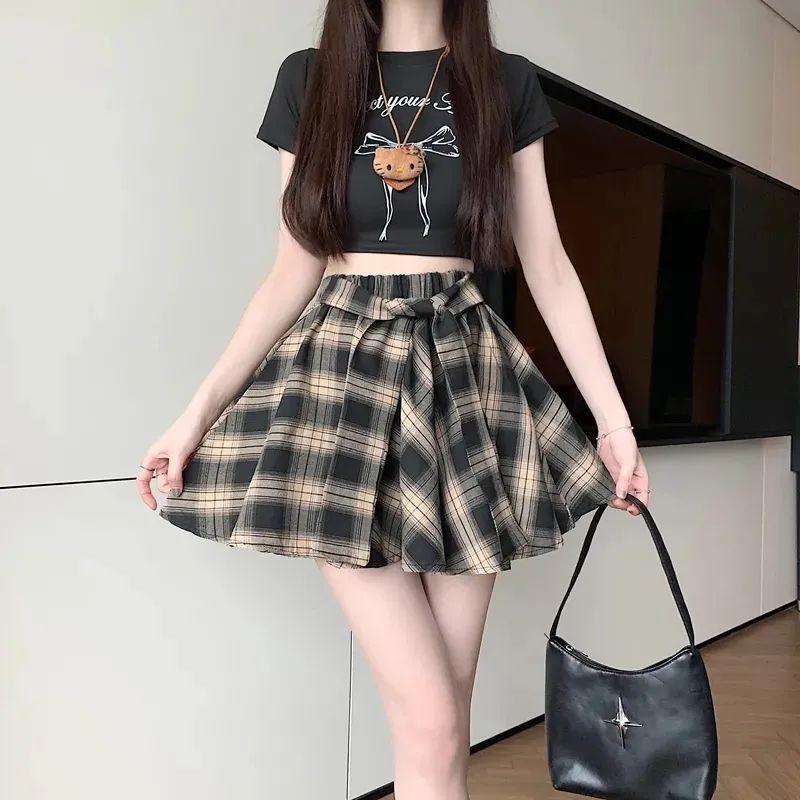 2025 Summer British Retro Plaid High Waist Slimming Midi Skirt for Women