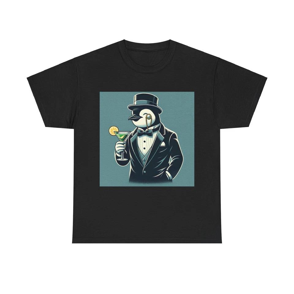 

Unisex Adult T Shirt Penguin Tuxedo Martini Vintage Style Illustration S