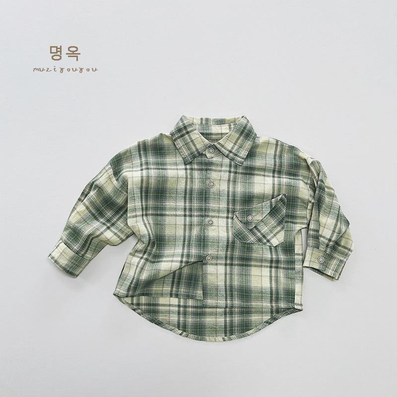 Vintage Korean Style Kids Plaid Long Sleeve Shirt Lightweight Outerwear For Boys Girls