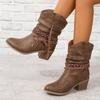 Botas da moda femininas de cano médio em tamanho grande, retrô, salto grosso, com borlas, decote em V, simples, confortáveis