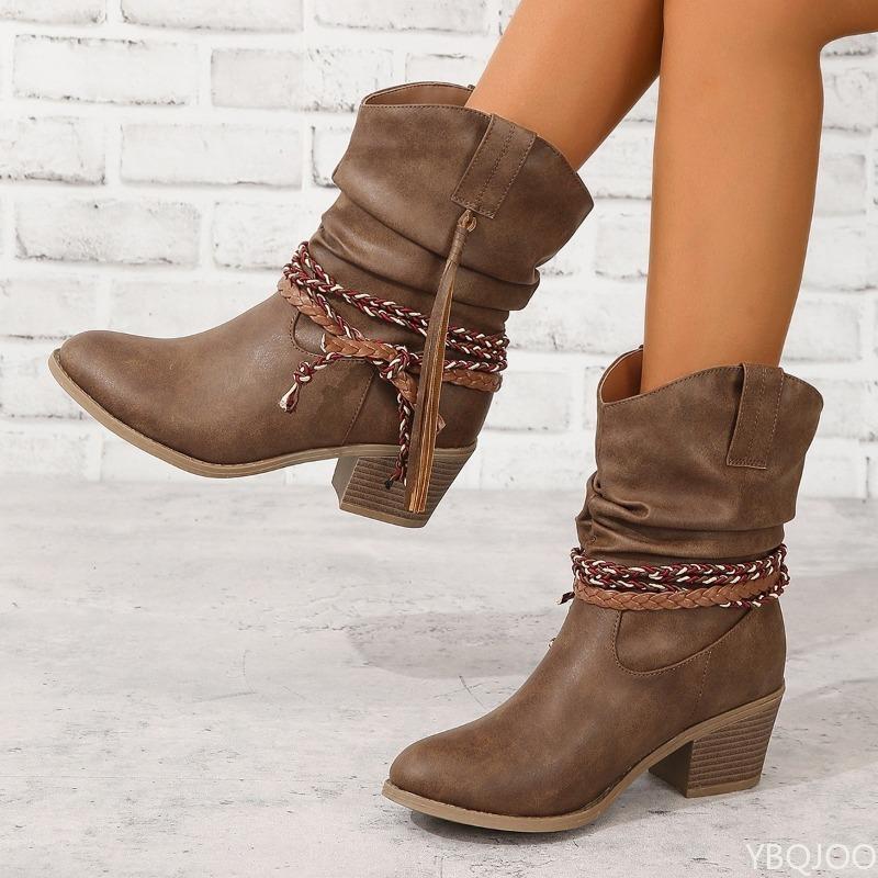 Botas da moda femininas de cano médio em tamanho grande, retrô, salto grosso, com borlas, decote em V, simples, confortáveis