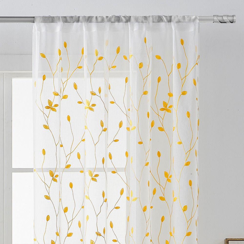 Pastoral Style Window Drapes Embroidery Tulle Curtain Leaf Pattern Sheer Curtain Home Decoration