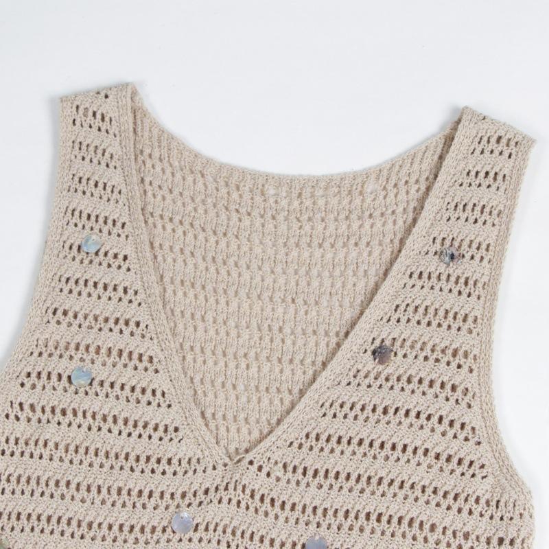 Cross-border foreign trade spring and summer elegant lady apricot v-neck sleeveless hollow beads beach wind medium and long knitted dress