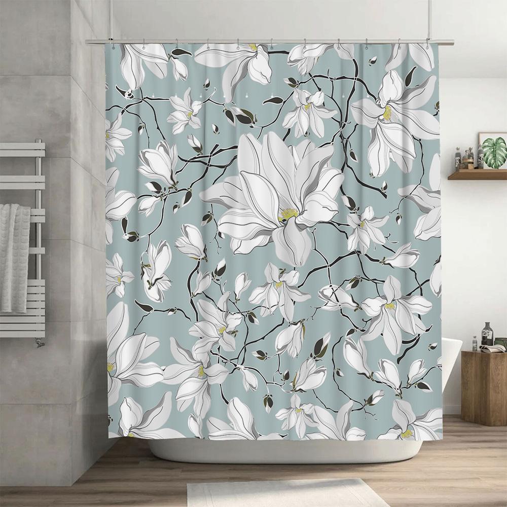Delicate White Flower Pattern Shower Curtain Bathroom Decor Waterproof Fabric Perfect Addition For Your Bath Space (Green)