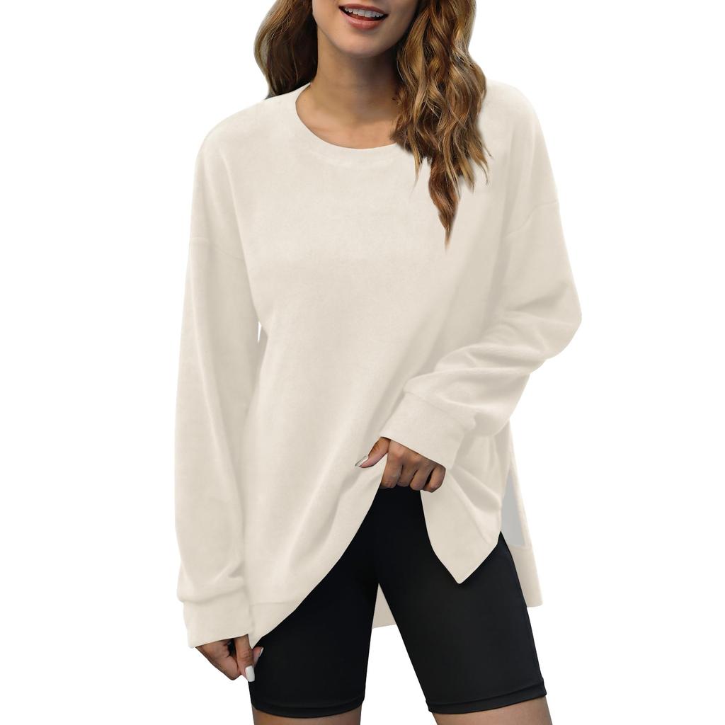 Women's Fashion Solid Color V-Neck Side Split Round Neck Pullover Long Sleeve Top Sweatshirt