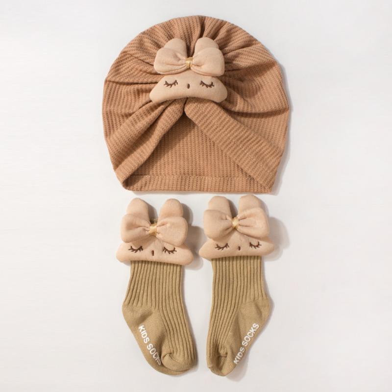 New children's hat set, cute solid color bunny baby stockings, soft hat sock cover