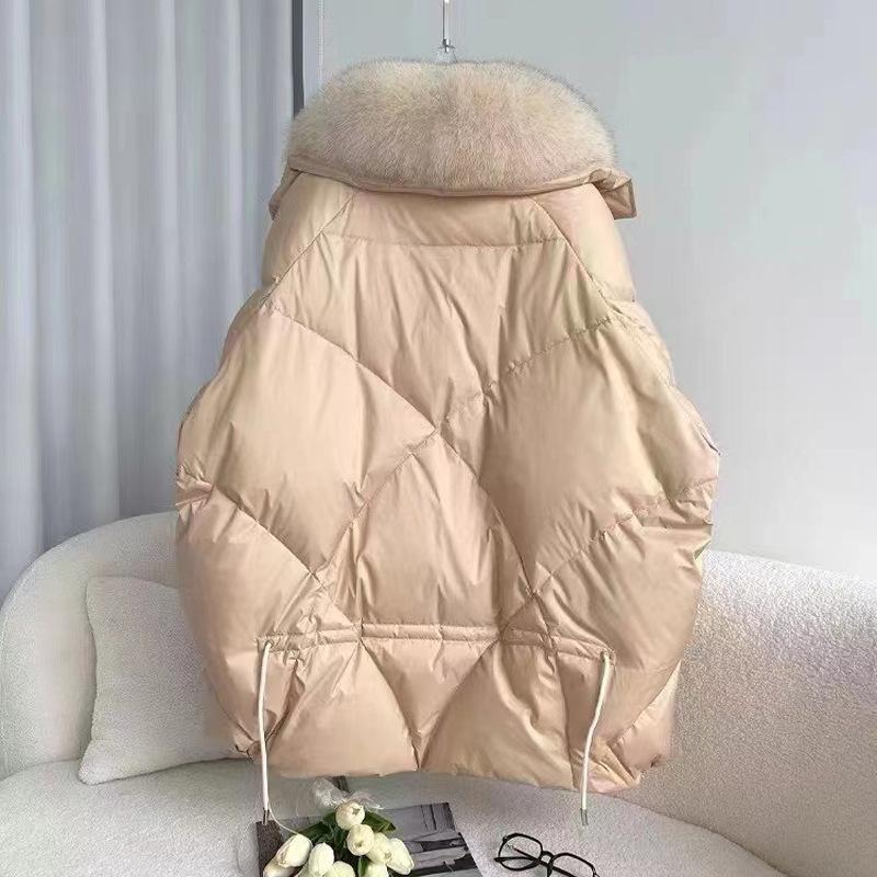 Imitation Fox Fur Winter Women's White Duck Down Jacket Loose Warm Down Jacket Women's Thick Medium Length Parka Coat
