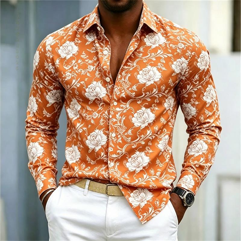 2026 Nuova Camicia da Uomo Stile Europeo e Americano Camicia Floreale Rosa Rossa Uomo Slim Fit Manica Lunga Stile Casual da Vacanza