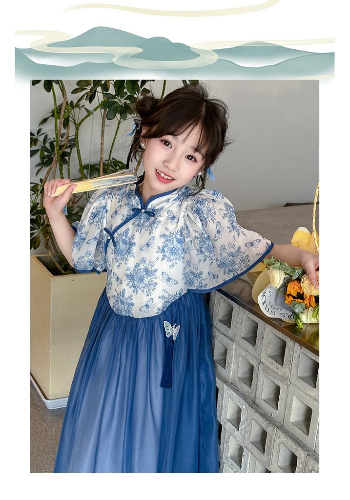 Girls' cheongsam dress 2026 new summer children's Chinese style blue and white porcelain Hanfu ancient style summer princess dress