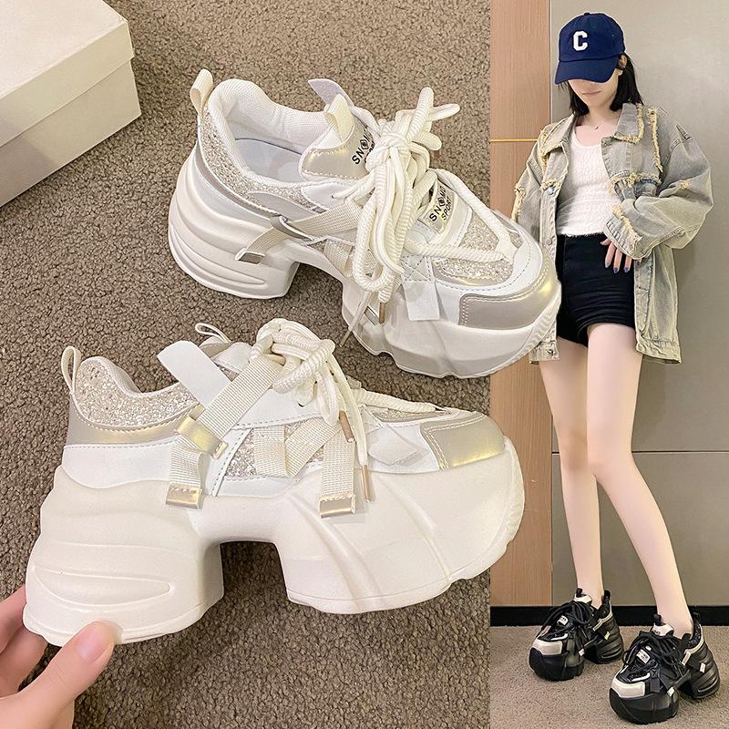 2025 autumn new heavy industry sequins color matching sweet dad shoes muffin thick sole height increase small sports and leisure shoes