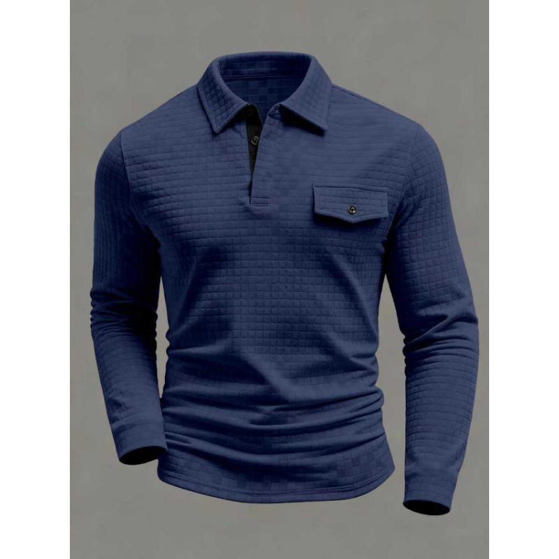 Spring Men's Long Sleeve Plaid Polo Shirt Button Pocket Sports Polo Shirt