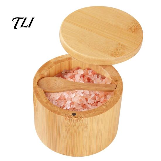 Durable Wooden Seasoning Pot Wood Salt Container with Swivel Magnetic Lid, Built-in Spoon Lid Condiment Holder Jar, Moisture Proof Spice for