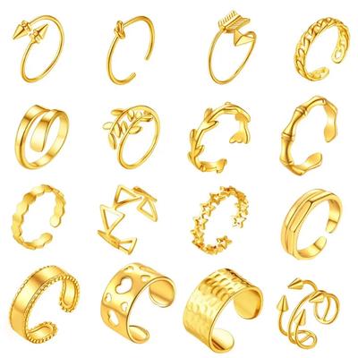Multiple Styles 14K Gold Color Open Ring Cuffs for Women Arrow Heart Leaf Bamboo Layers Wrapped Resizable Ring Jewelry Gift