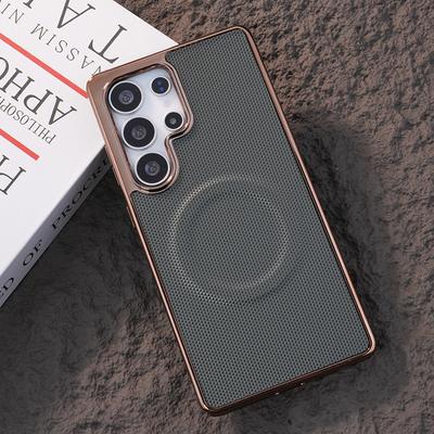 Plating Soft Edge Leather Phone Case for Samsung Galaxy S24 FE S25 Ultra S23 S22 Plus Support Wireless Charging Magnetic Cover
