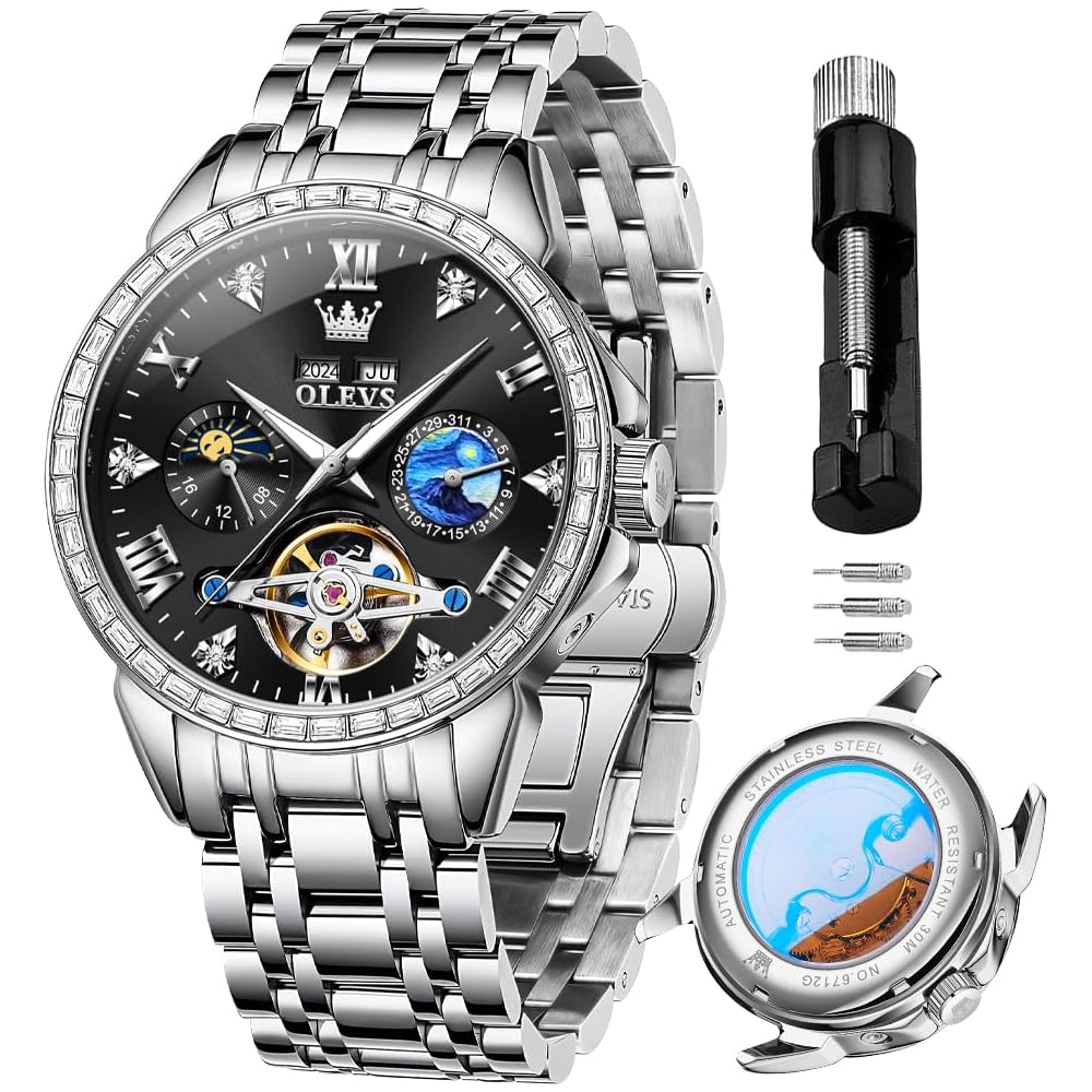 OLEVS Men s Automatic Skeleton Watch with Diamond, Calendar, Waterproof, Stainless Steel, Black