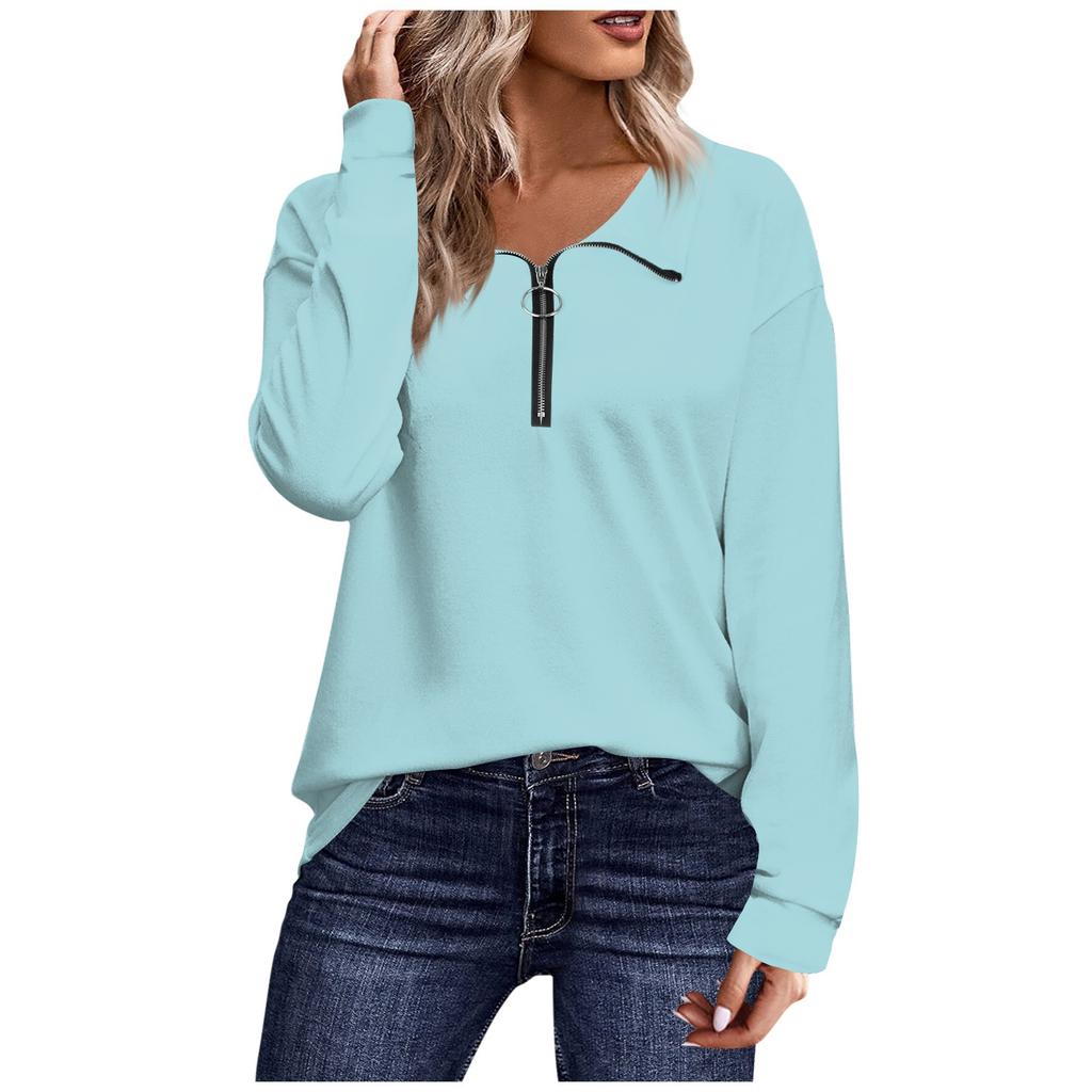 Women's Autumn And Winter Fashion Casual Long Sleeve Solid Color Zipper Lapel T-Shirt Top