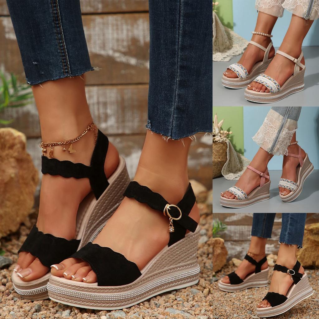 Sandały na koturnie w stylu boho dla kobiet Damskie sandały na wysokim koturnie Modny design z motylem Sandały na grubej podeszwie typu biszkopt