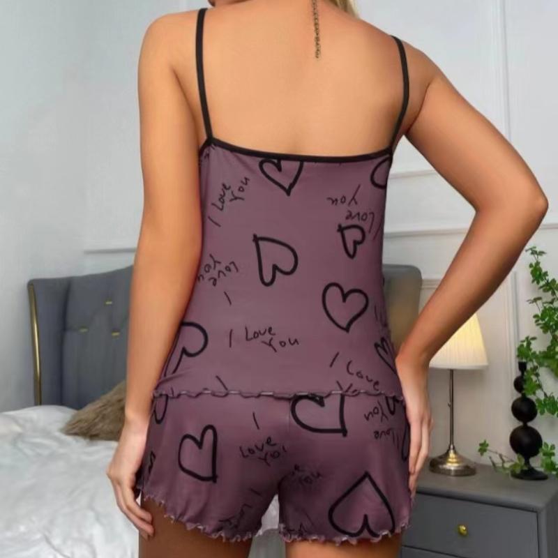 Women's Heart-shaped Printed Pajamas Set Sexy Pajamas Silk Pleated Vest Shorts Set Soft and Comfortable Home Wear Sweet and Cute