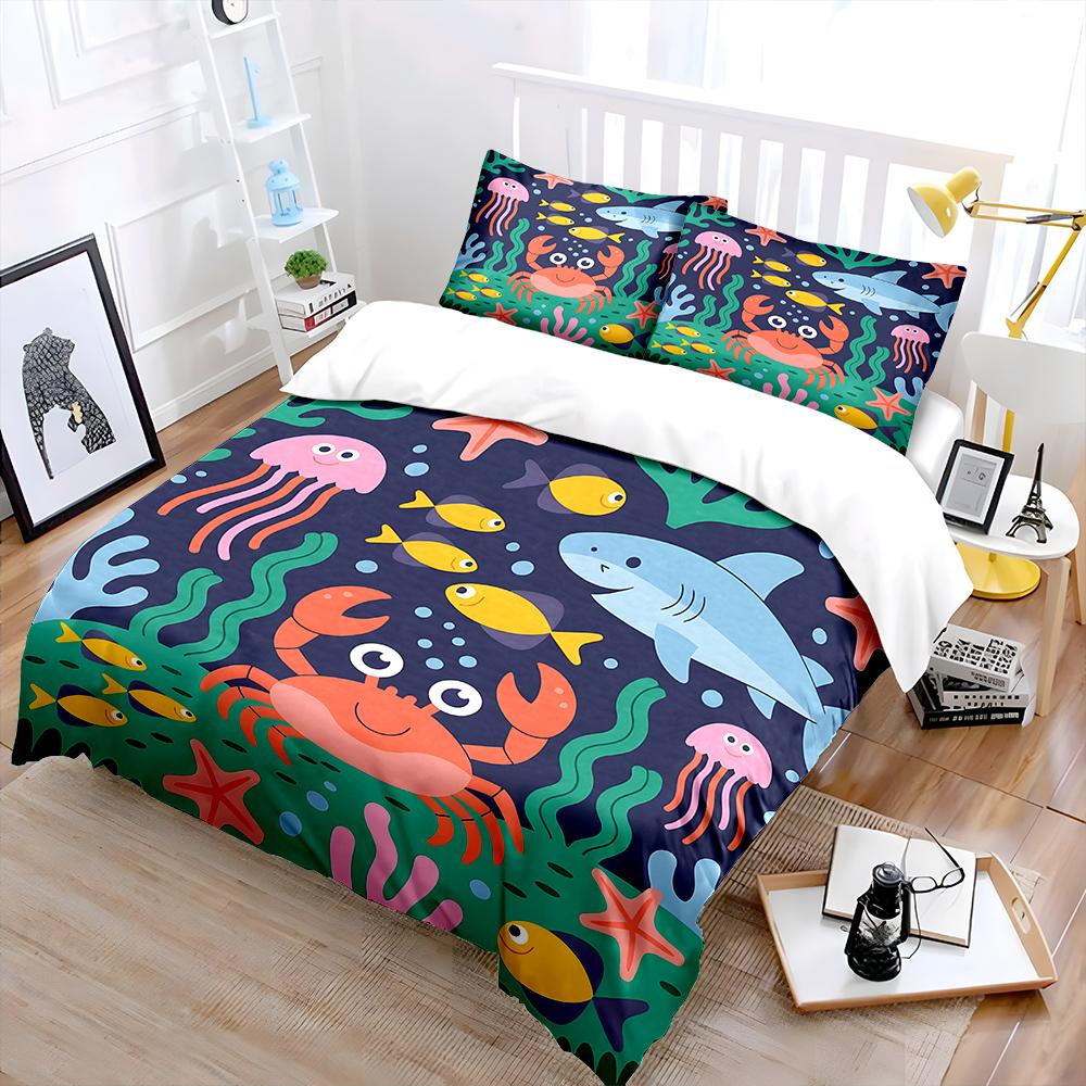 Cartoon Underwater World Bedding Set For Kids Luxury Gift 3Pcs Digital Print Comforter Set Soft Comfortable Breathable