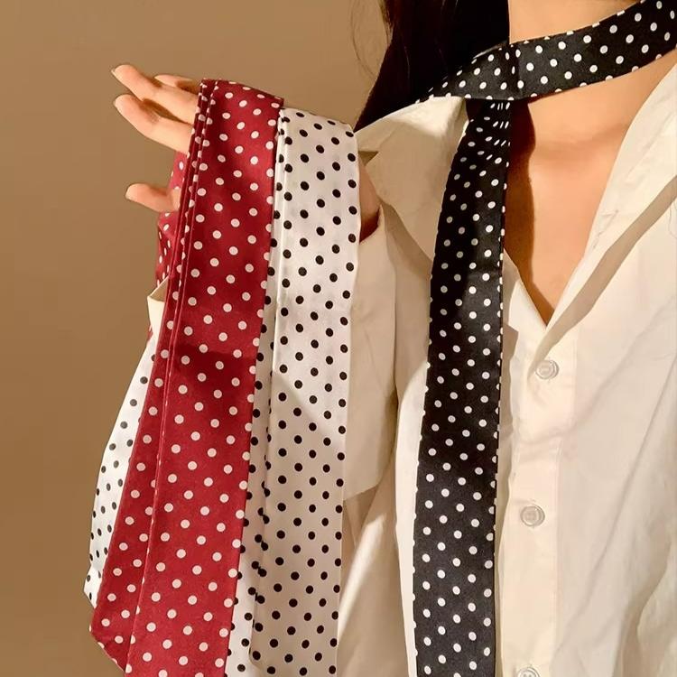 Women Fashion Narrow Long Scarf 195x4cm Polka Dot Tie Bag Ribbon Headband Choker Streamer Silk Scarves Lady Accessories