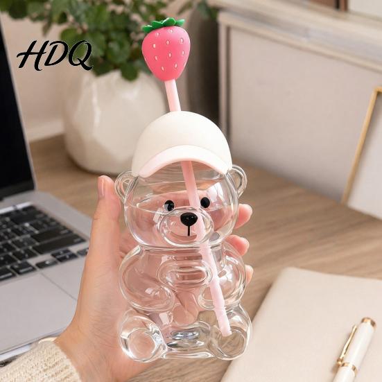 Transparent Drink Cup Cute Bear Glass with Straw & Lid 500/591ml Plastic/Glass Water Bottle for Juice With Cold/Hot Drinks Pattern Coffee