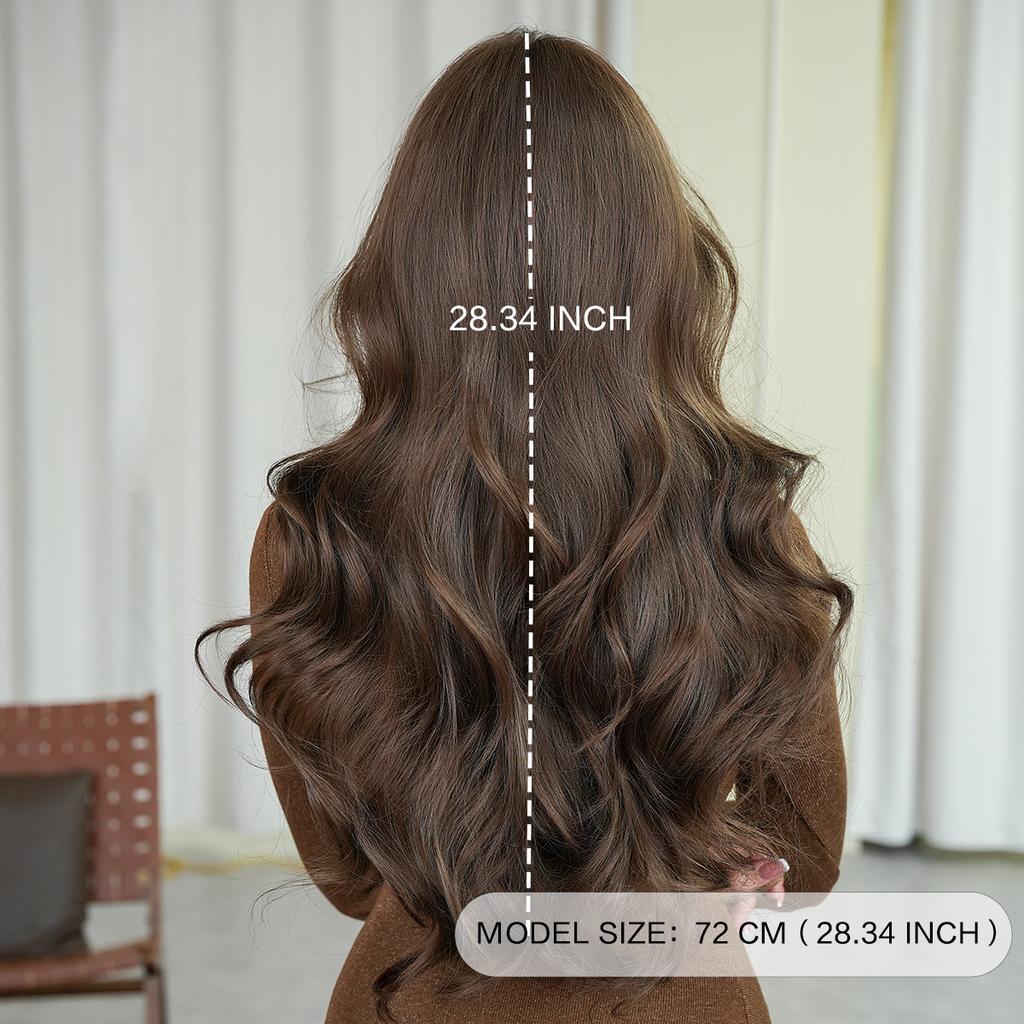 Dark Brown Big Waves Long Wig for Women - Full Bangs Voluminous Full Cap, Heat Style Trim Ready, Natural Realistic Daily