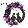 Orange Warm Light Halloween Decor Floral Garland, with String Lights, Black Cat Silhouette Nighttime Glowing Wreath Wreath, for Front Door