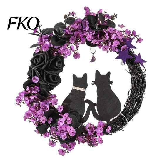 Orange Warm Light Halloween Decor Floral Garland, with String Lights, Black Cat Silhouette Nighttime Glowing Wreath Wreath, for Front Door