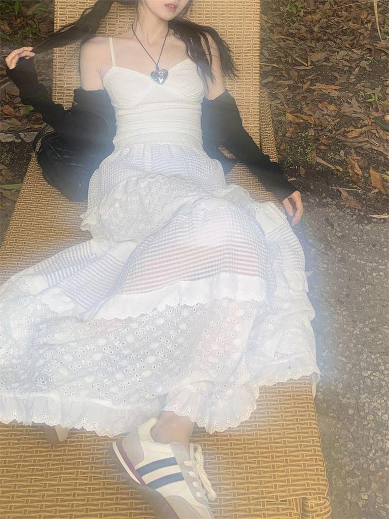 Lace High-Waisted Slimming A-Line White Midi Skirt for Women - Spring Collection