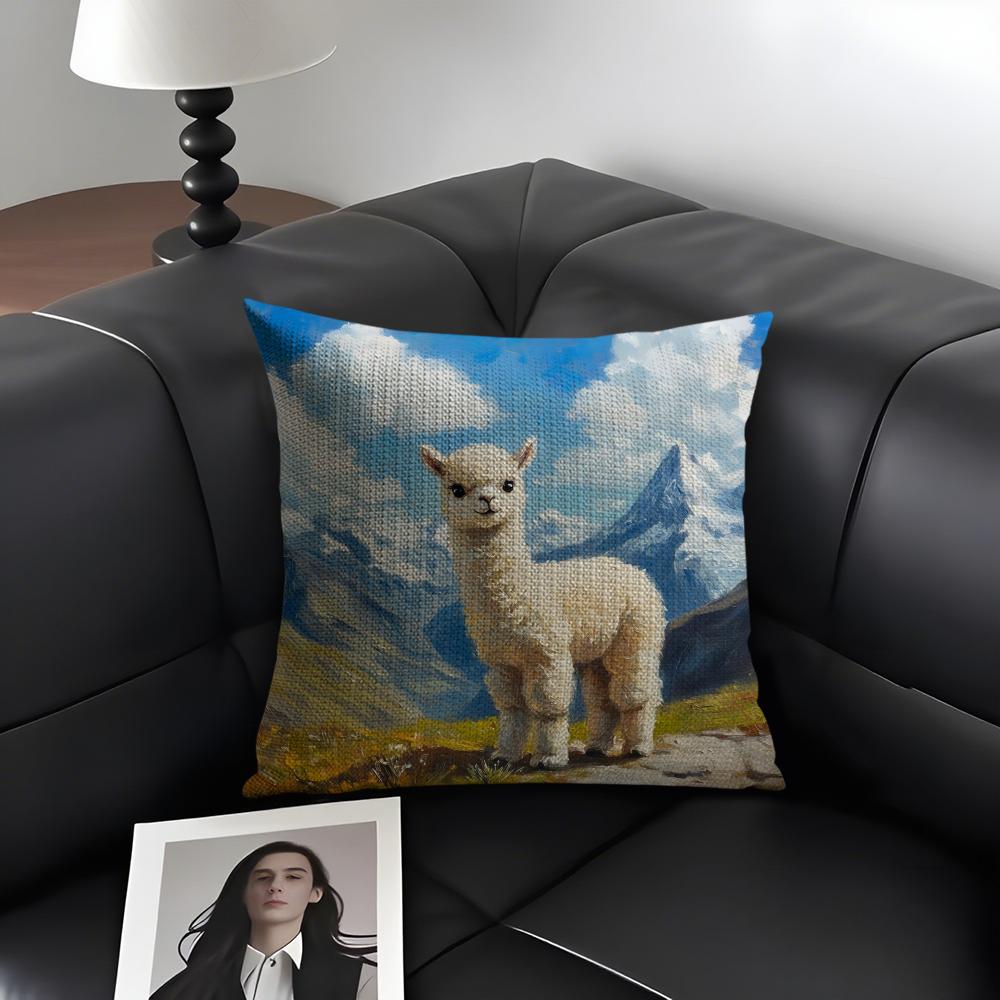 Alpaca Cute Cushion Cover Natural Linen Organic Fabric DoubleSided Printing Sofa Home Decor Gift Pillow Case