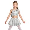 Girls Metallic Tassels Jazz Dance Outfit Asymmetrical Shoulder Crop Top Elastic Waist Shiny Tutu Skirt